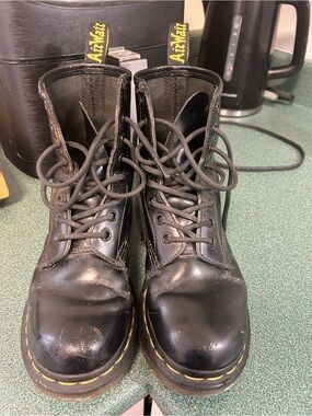 Dr. Martens Black Leather Lace-Up Boots with Yellow Stitching and Pull Tabs